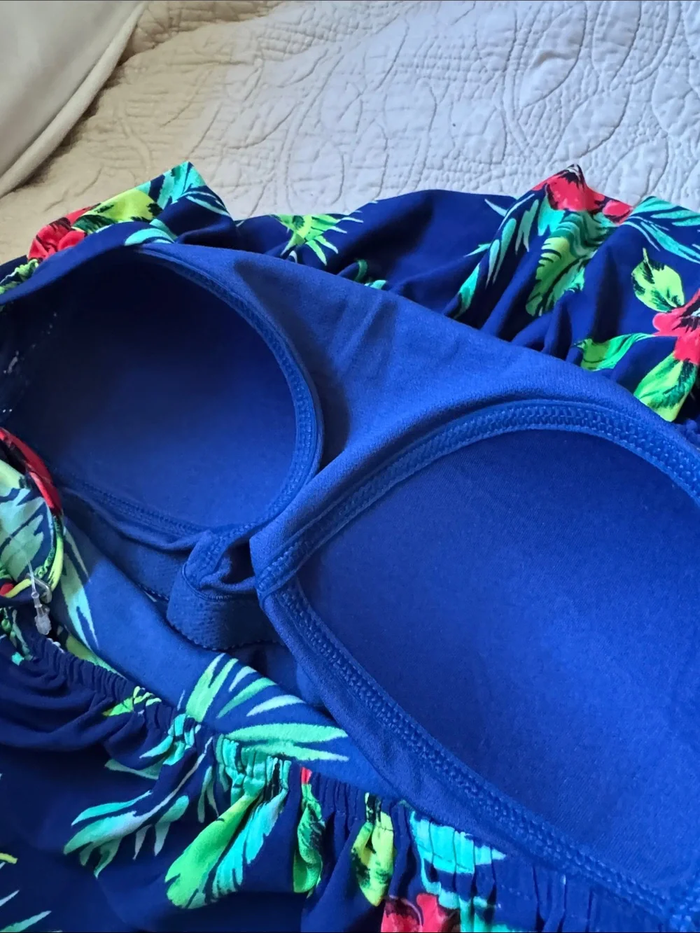 Navy Tropical Floral Ruffle bathing suit Tank Top